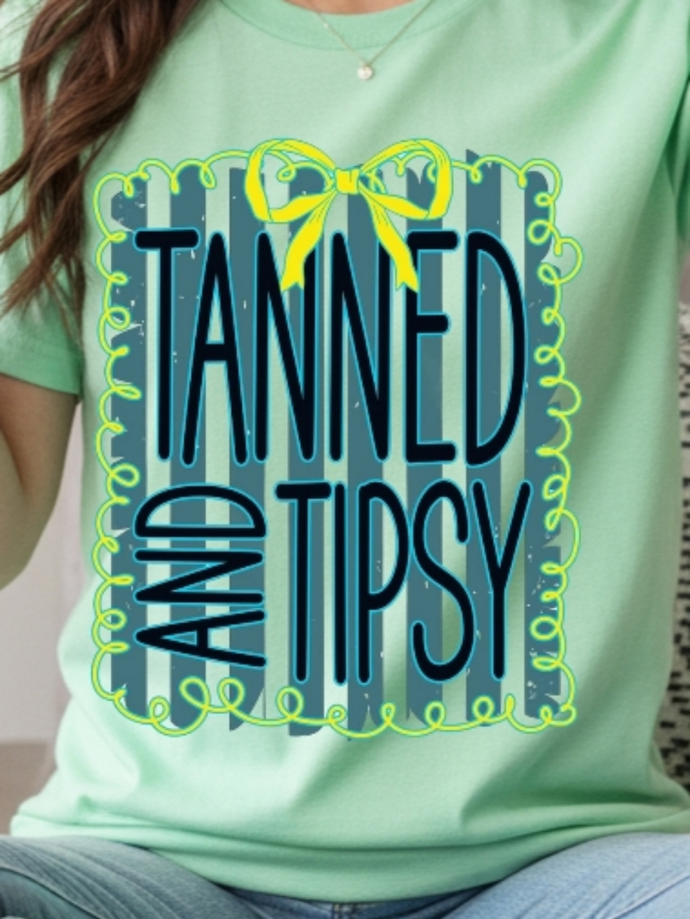 Gildan Mint Green 'Tanned and Tipsy' Graphic Tee with Navy & Lime Print